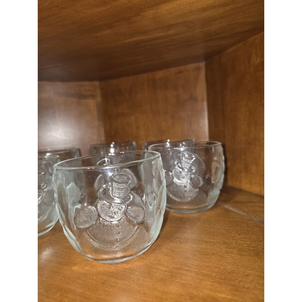 6pc Clear Glass Snowman Embossed Tumblers Set Round Vintage  10 oz